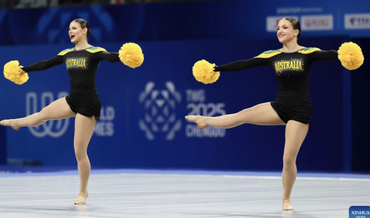 Silver medalists Jennifer Garcia/Fabiana Velez of Ecuador, gold medalists Sydney Martin/Allison Hoeft of the United States and bronze medalists Shayla Myerscough/Emily Growdon of Australia (L to R) pose during the awarding ceremony for the Cheerleading Pom Doubles Final at The World Games 2025 in Chengdu, southwest China's Sichuan Province, Aug. 16, 2025. (Xinhua/Liang Xu)