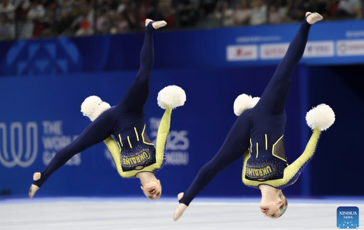 Silver medalists Jennifer Garcia/Fabiana Velez of Ecuador, gold medalists Sydney Martin/Allison Hoeft of the United States and bronze medalists Shayla Myerscough/Emily Growdon of Australia (L to R) pose during the awarding ceremony for the Cheerleading Pom Doubles Final at The World Games 2025 in Chengdu, southwest China's Sichuan Province, Aug. 16, 2025. (Xinhua/Liang Xu)