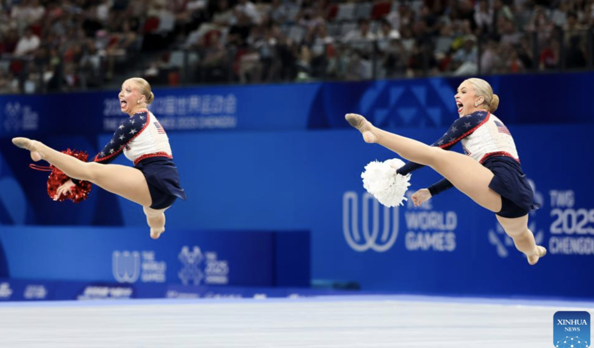 Silver medalists Jennifer Garcia/Fabiana Velez of Ecuador, gold medalists Sydney Martin/Allison Hoeft of the United States and bronze medalists Shayla Myerscough/Emily Growdon of Australia (L to R) pose during the awarding ceremony for the Cheerleading Pom Doubles Final at The World Games 2025 in Chengdu, southwest China's Sichuan Province, Aug. 16, 2025. (Xinhua/Liang Xu)