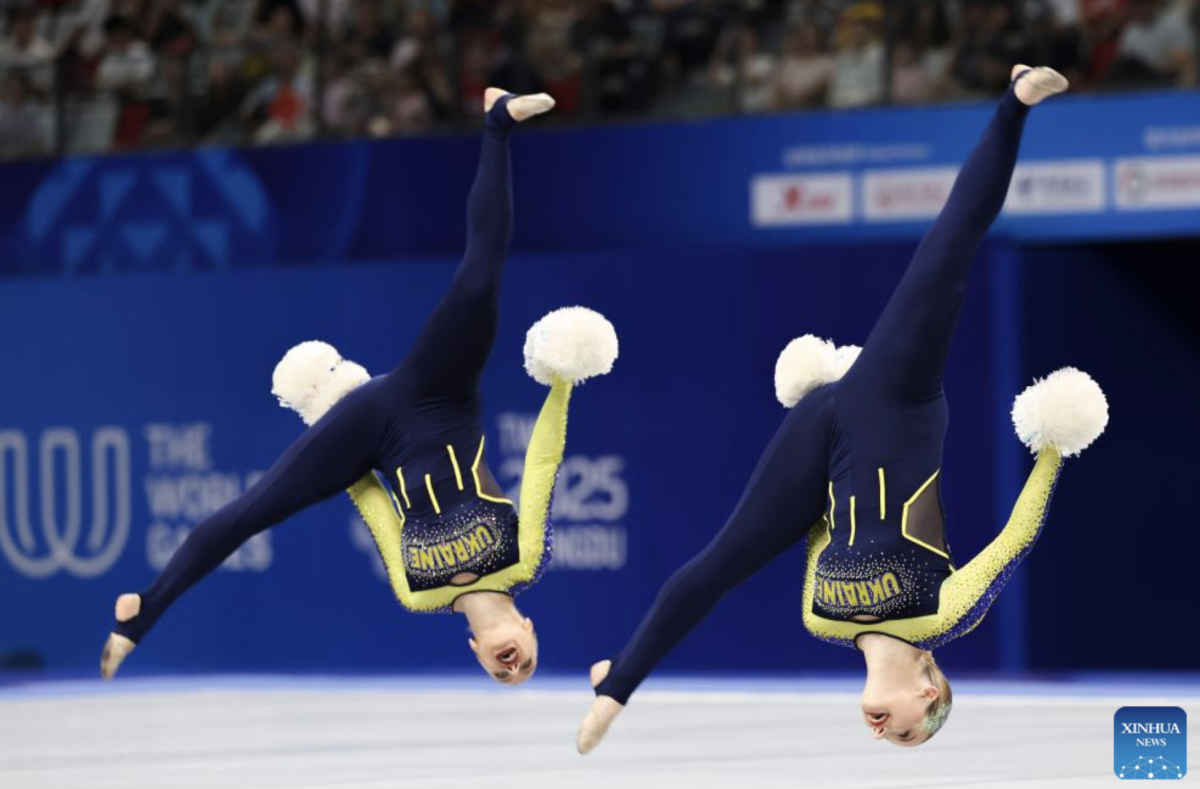 Silver medalists Jennifer Garcia/Fabiana Velez of Ecuador, gold medalists Sydney Martin/Allison Hoeft of the United States and bronze medalists Shayla Myerscough/Emily Growdon of Australia (L to R) pose during the awarding ceremony for the Cheerleading Pom Doubles Final at The World Games 2025 in Chengdu, southwest China's Sichuan Province, Aug. 16, 2025. (Xinhua/Liang Xu)