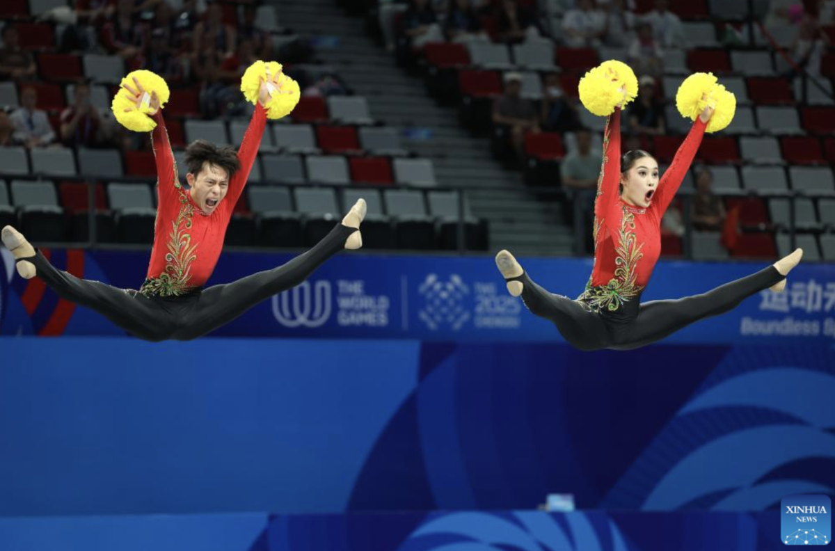 Silver medalists Jennifer Garcia/Fabiana Velez of Ecuador, gold medalists Sydney Martin/Allison Hoeft of the United States and bronze medalists Shayla Myerscough/Emily Growdon of Australia (L to R) pose during the awarding ceremony for the Cheerleading Pom Doubles Final at The World Games 2025 in Chengdu, southwest China's Sichuan Province, Aug. 16, 2025. (Xinhua/Liang Xu)